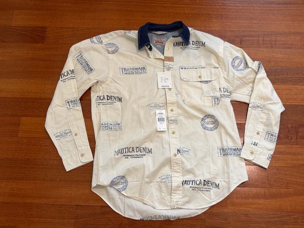 Nautica Denim Vintage All-Over Print Button Down Shirt Size M NWT
